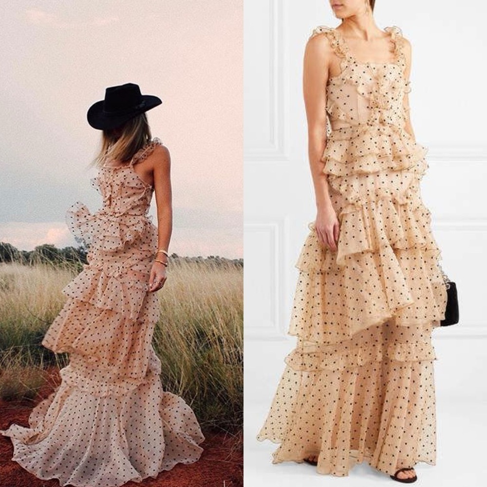 ALICE MCCALL Yoko Polka Dot Tulle Maxi Dress Beige Sz 10 US